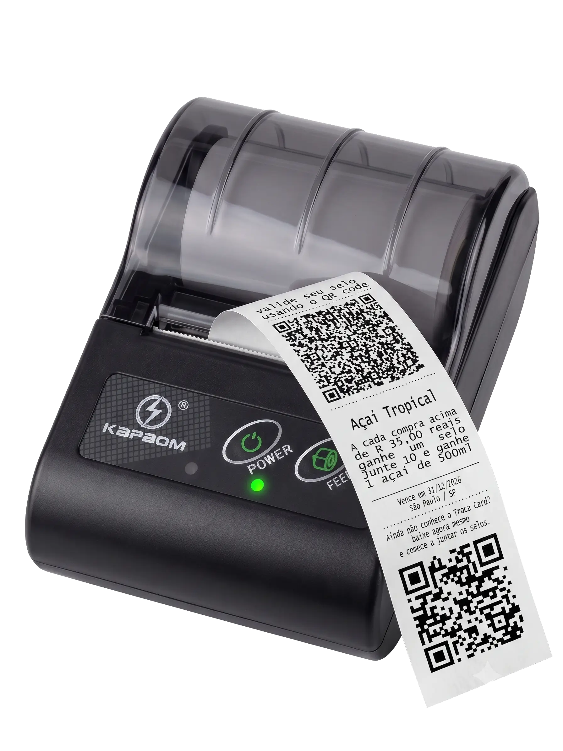 Impressora térmica bluetooth imprimindo um cupom de fidelidade com QR Code do Troca Card